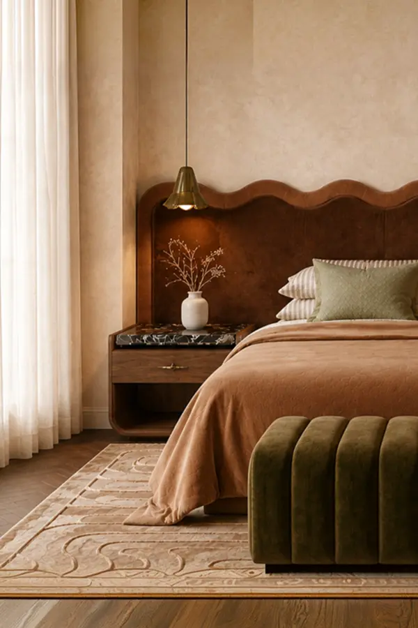 Bedroom with leather headboard and olive velvet bench