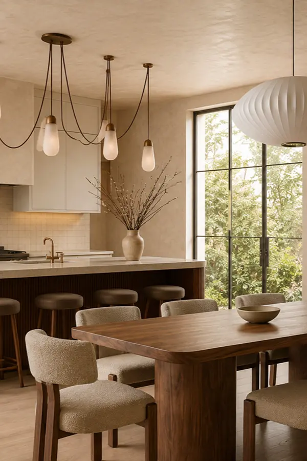 Kitchen dining with pendant lights and walnut table