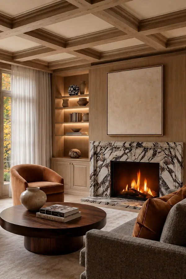Living room with coffered ceiling and marble fireplace