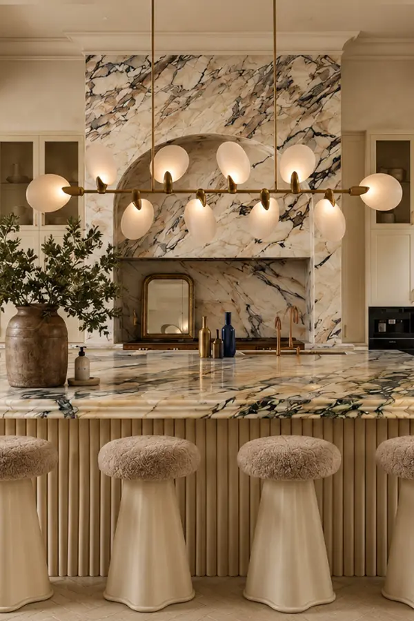 Luxury kitchen with marble backsplash and globe chandelier