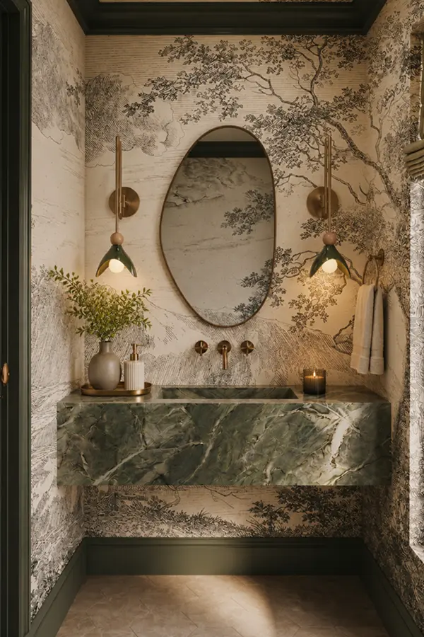 Powder room with botanical wallpaper and green marble vanity