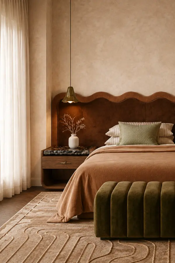 Bedroom with scalloped leather headboard and olive velvet bench