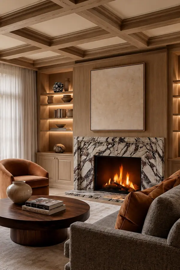 Living room with marble fireplace and coffered ceiling