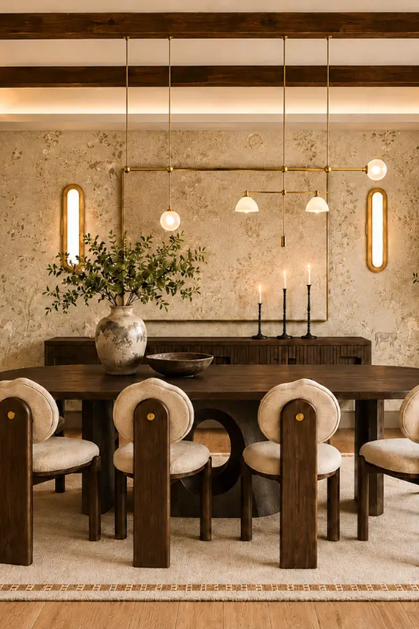 Formal dining room with beamed ceiling and brass chandelier