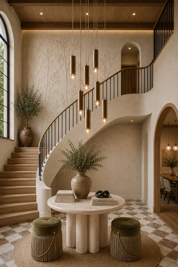 Grand foyer with curved staircase and pendant cluster