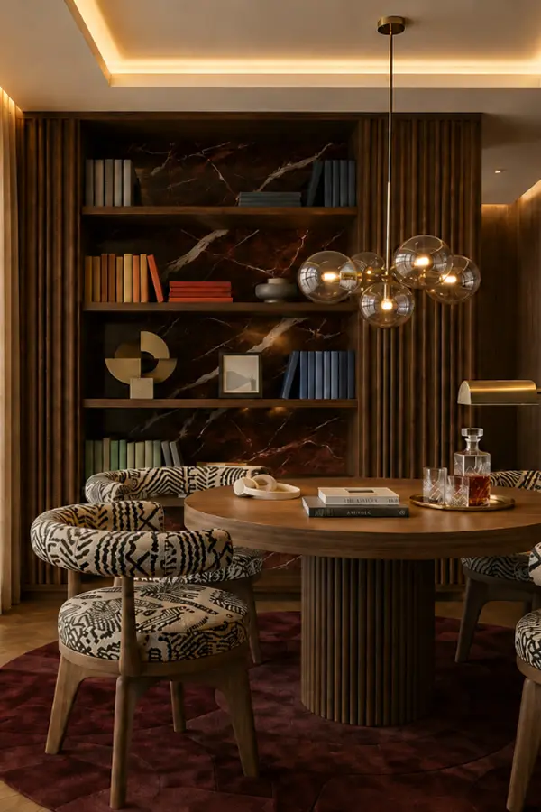 Library lounge with marble shelving and globe chandelier