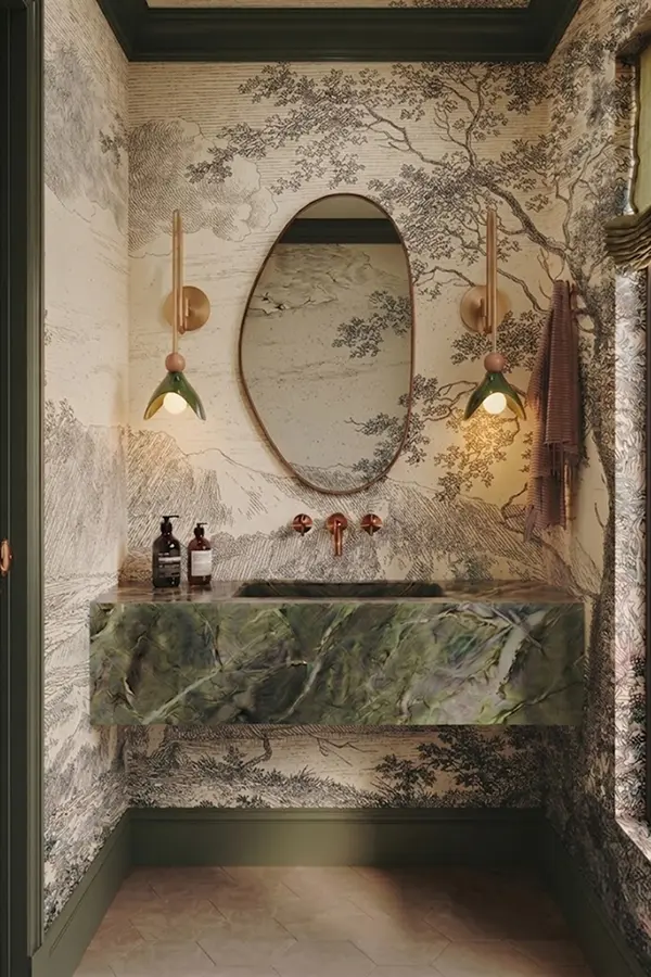 Powder room with toile wallpaper and green marble vanity